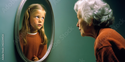 фотография Moving depiction of an elderly woman gazing into a mirror reflecting her younger self, perfectly capturing the nostalgia and yearn for youth