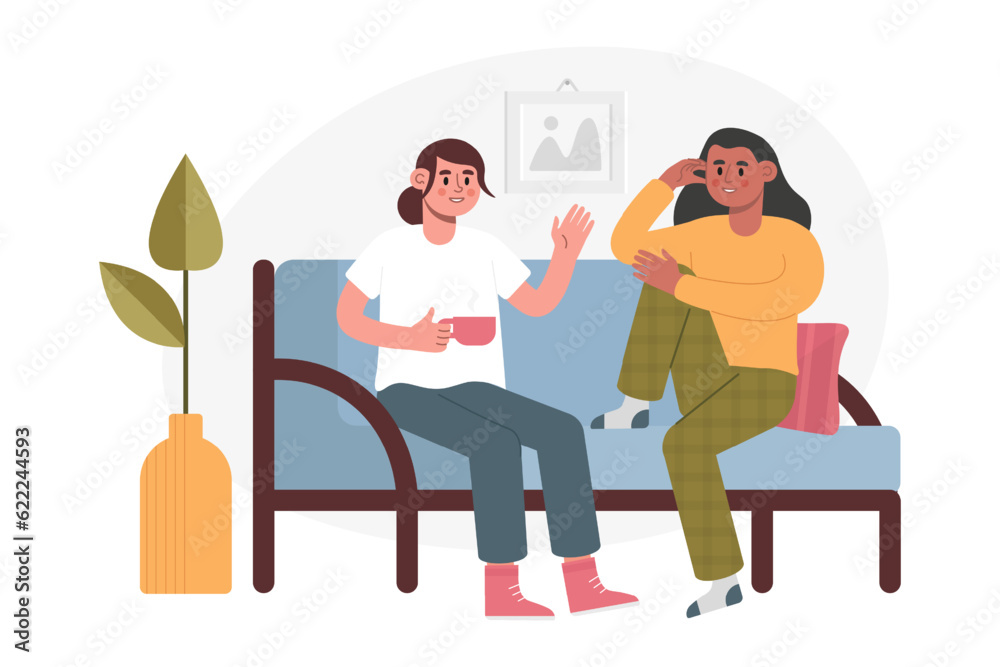 American lady and woman sitting on couch, talking and drinking tea. Friends meet in apartment and spending time together. Colorful flat vector illustration in cartoon style