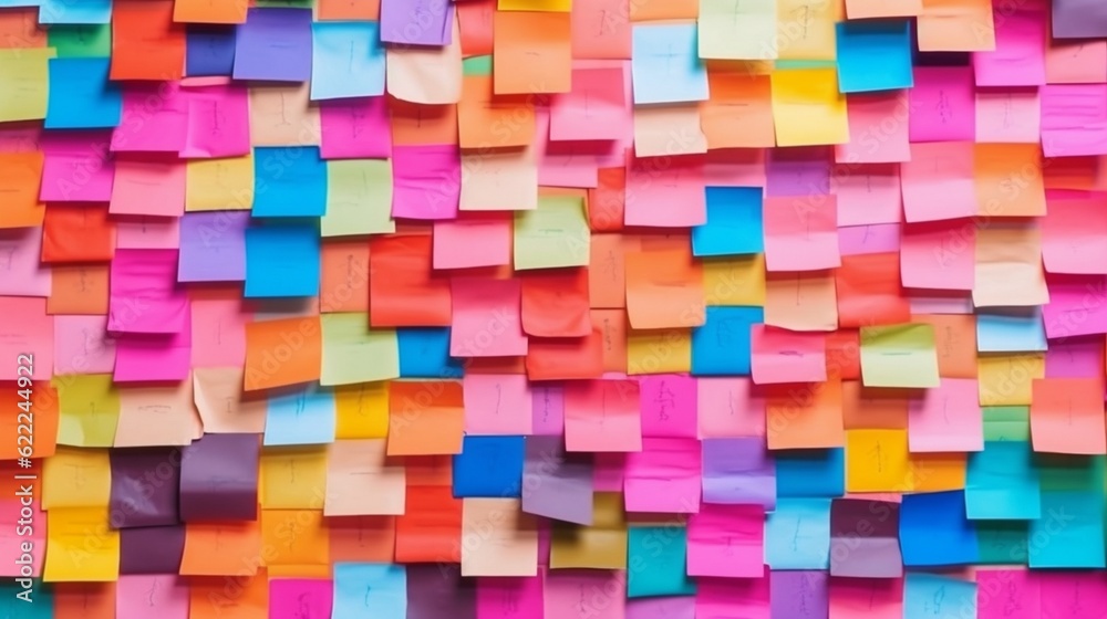Sticky notes board in office. Many different colorful paper stickers pinned on wall. Memory notes for business planning Sticky notes board in office. Many different colorful paper stickers pinned on wall. Memory notes for business planning