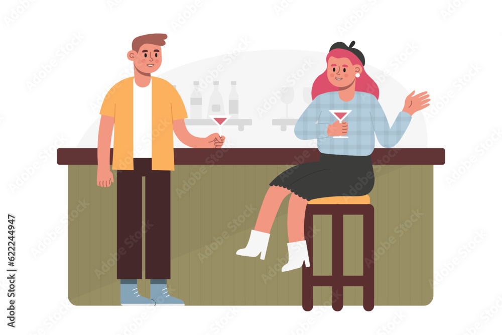 Couple spending time together, talking, visit bar. Man holding vine and talking with female, resting after work. Colorful flat vector illustration in cartoon style Couple spending time together, talking, visit bar. Man holding vine and talking with female, resting after work. Colorful flat vector illustration in cartoon style