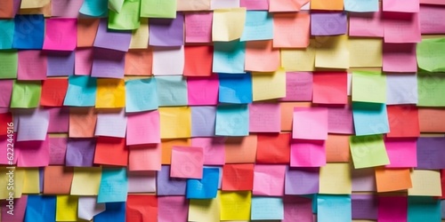 Sticky notes board in office. Many different colorful paper stickers pinned on wall. Memory notes for business planning
