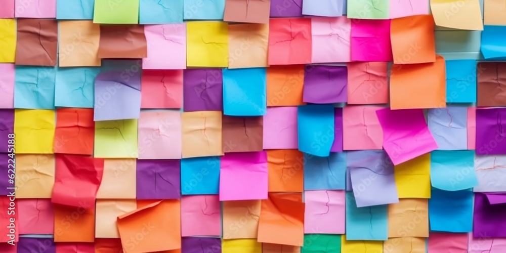Sticky notes board in office. Many different colorful paper stickers pinned on wall. Memory notes for business planning Sticky notes board in office. Many different colorful paper stickers pinned on wall. Memory notes for business planning