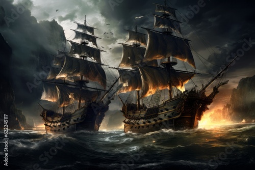 The Pirate Vortex, ships at the open sea. Dramatic image. Generative AI.