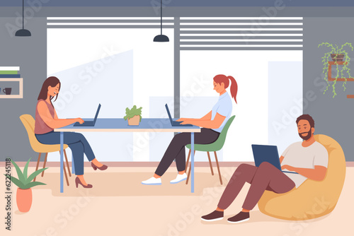 Young man and females sitting and working on laptop. Concept of professional young people studying, talking and working in coworking. Flat vector illustration in warm colors