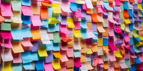 Sticky notes board in office. Many different colorful paper stickers pinned on wall. Memory notes for business planning