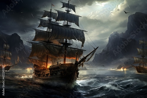 The Pirate Vortex, ships at the open sea. Dramatic image. Generative AI.