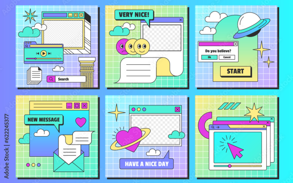 Retro linear vaporwave ig posts template in y2k style. Set of vintage ...