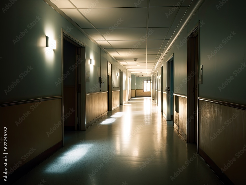 Empty long corridor with many doors, AI generative Empty long corridor with many doors, AI generative