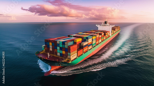 Aerial drone illustration of huge container ship carrying truck size colourful containers