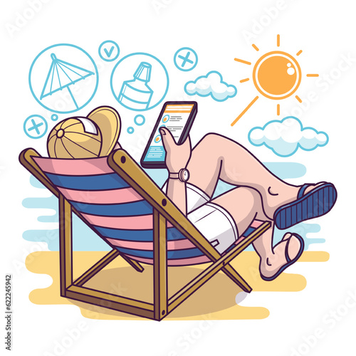 Male sitting on lounger near river, holding smartphone and choosing summer products. Online order of cosmetic with sun protection. Flat vector illustration in cartoon style
