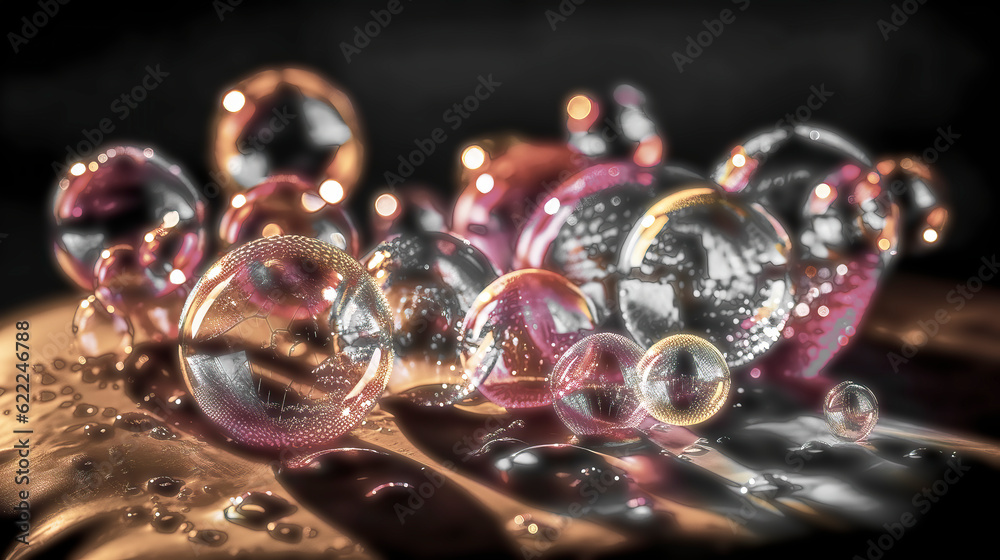 Abstract image of pastel-colored thin glass balls or soap bubbles on a surface wetted with drops, made with generative ai Abstract image of pastel-colored thin glass balls or soap bubbles on a surface wetted with drops, made with generative ai