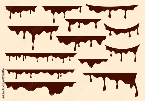 Chocolate melting drip and streams liquid chocolate border decoration vector collection