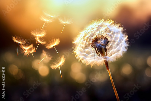 Close up of a dandelion flower with seed pods flying away in a blurred sunny setting  made with generative ai