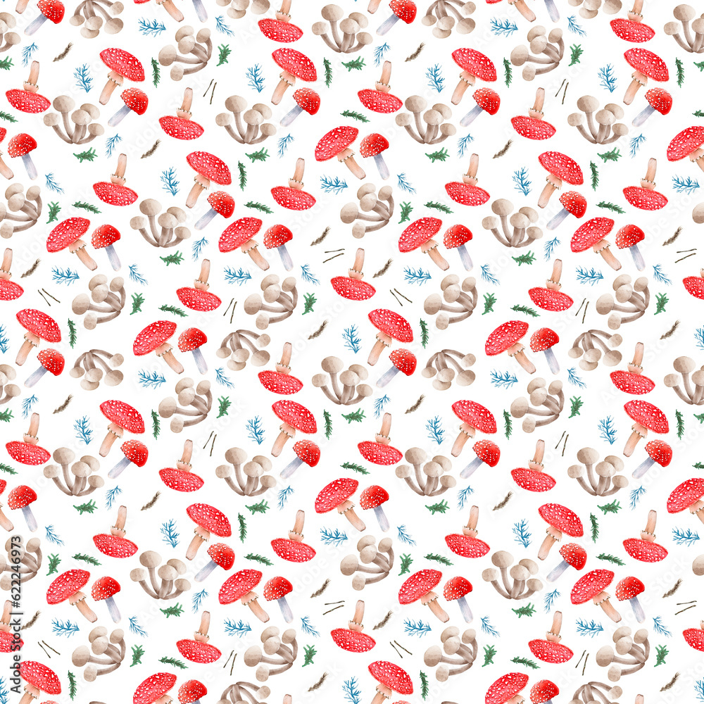 Watercolor seamless pattern with wild mushrooms Watercolor seamless pattern with wild mushrooms
