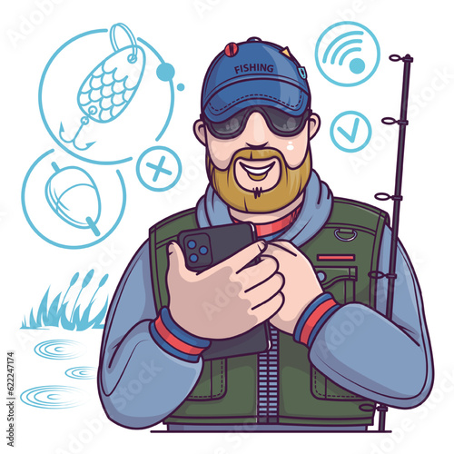 Fisherman in uniform holding smartphone and chooses fish-tackle. Online order of different products for fishing. Flat vector illustration in cartoon style