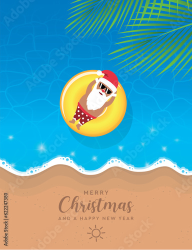 cute santa claus relaxing on float ring in water on the beach christmas design vector illustration EPS10