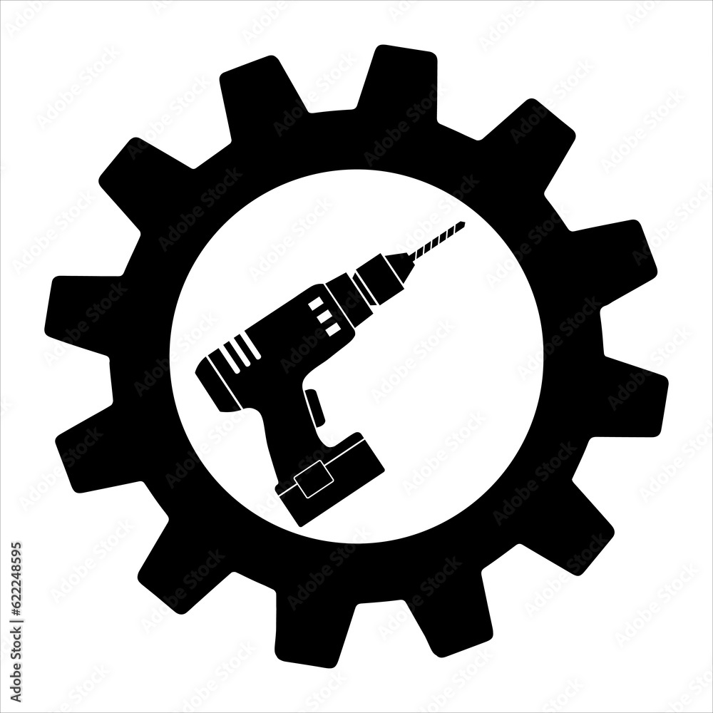 Drill, hand tool in gear simple flat design Drill, hand tool in gear simple flat design