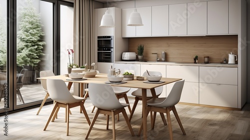 Modern interior design of Scandinavian kitchen with dining table and chairs, Generative AI