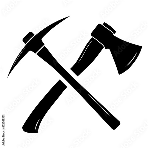 Ax and mining pickaxe equipment tool icon stock illustration flat design