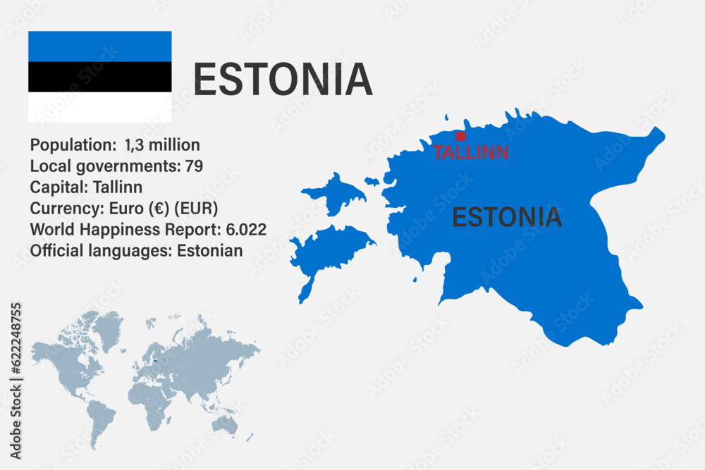 Highly detailed Estonia map with flag, capital and small map of the world