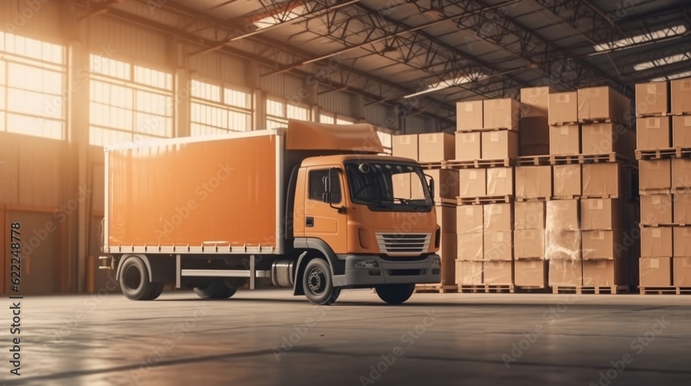 Modern truck filled with shipping boxes in a warehouse Modern truck filled with shipping boxes in a warehouse