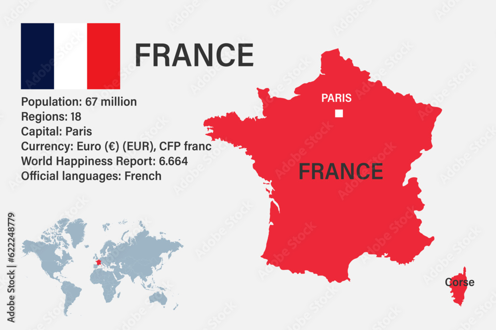 Obraz premium Highly detailed France map with flag, capital and small map of the world