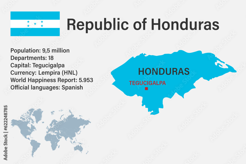 Highly detailed Honduras map with flag, capital and small map of the world