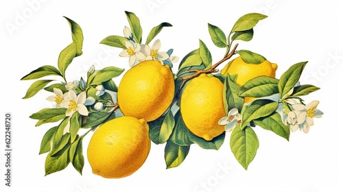 Lemon or citrus limon plant with fruits and flowers