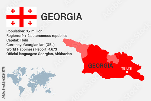 Highly detailed Georgia map with flag, capital and small map of the world