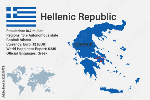 Highly detailed Greece map with flag, capital and small map of the world