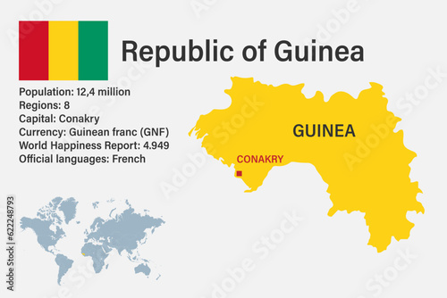 Highly detailed Guinea map with flag  capital and small map of the world