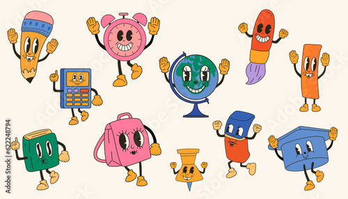 Set of School Item 30s cartoon mascot character 40s, 50s, 60s old animation style. Cartoon cheerful school mascot	