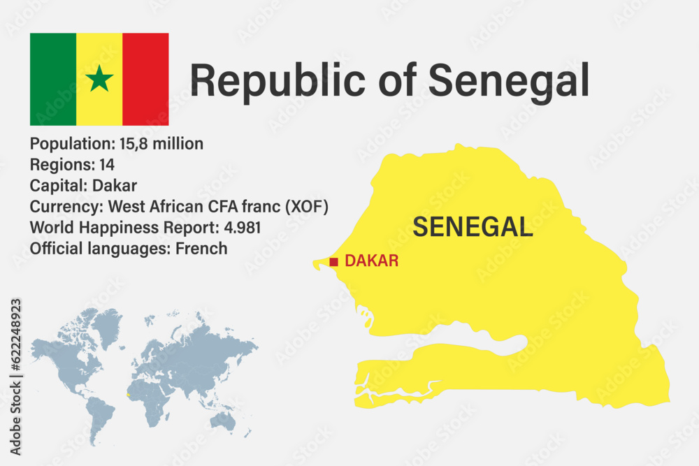 Highly detailed Senegal map with flag, capital and small map of the world Highly detailed Senegal map with flag, capital and small map of the world