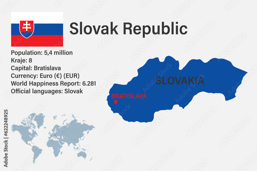 Highly detailed Slovakia map with flag, capital and small map of the world