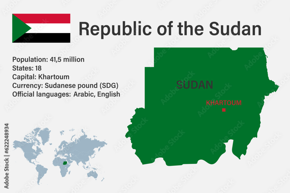 Highly detailed Sudan map with flag, capital and small map of the world