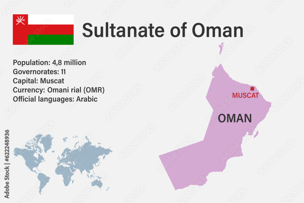 Highly detailed Sultanate of Oman map with flag, capital and small map of the world