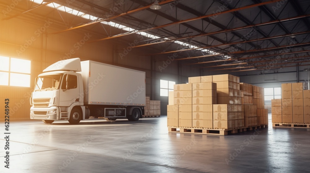Modern truck filled with shipping boxes in a warehouse Modern truck filled with shipping boxes in a warehouse