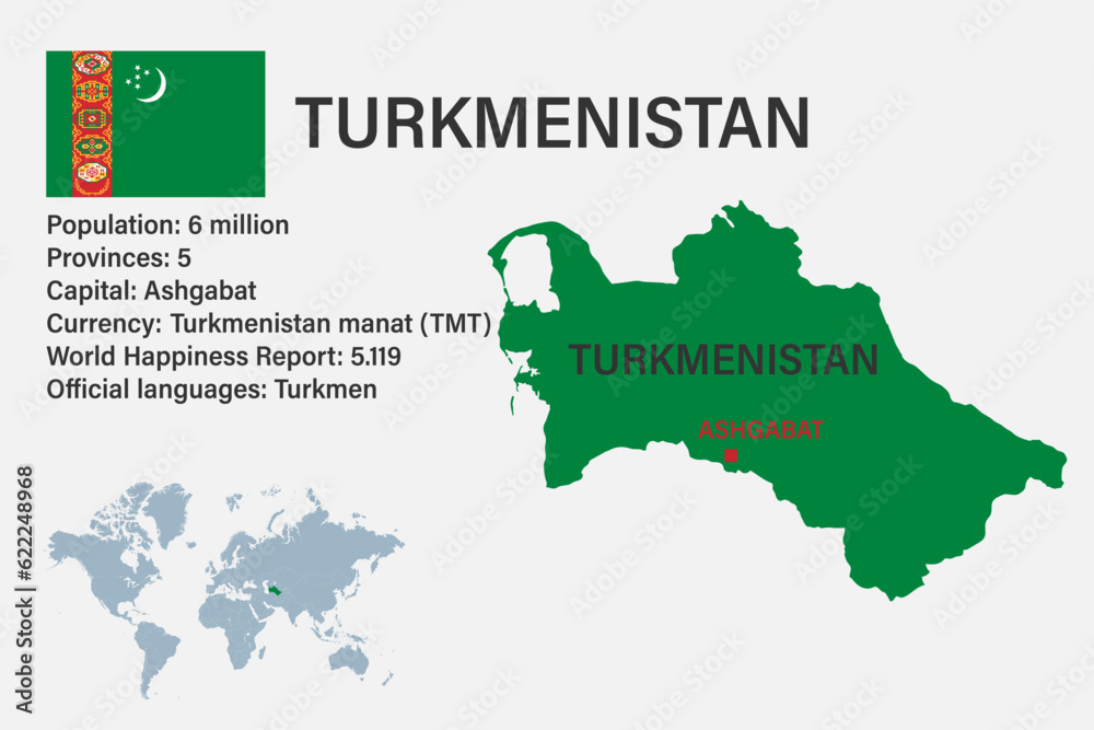 Highly detailed Turkmenistan map with flag, capital and small map of the world