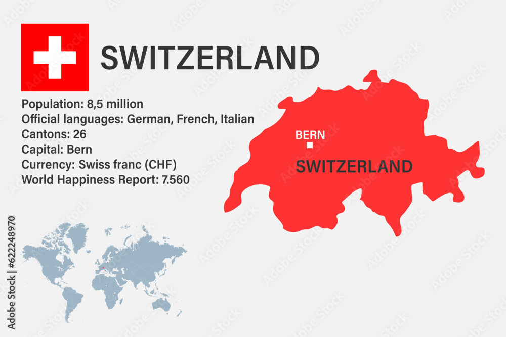 Highly detailed Switzerland map with flag, capital and small map of the world