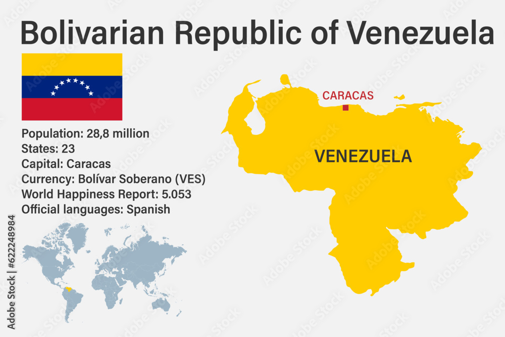Highly detailed Venezuela map with flag, capital and small map of the world