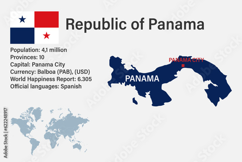 Highly detailed Panama map with flag, capital and small map of the world