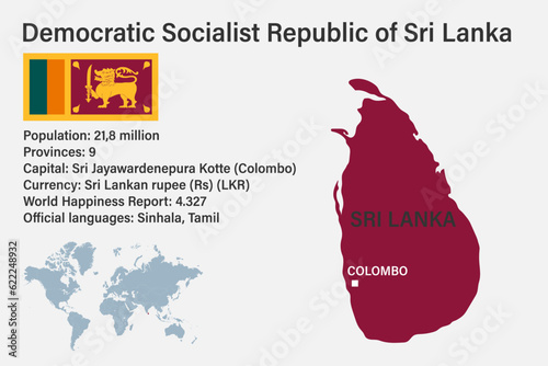 Highly detailed Sri Lanka map with flag, capital and small map of the world