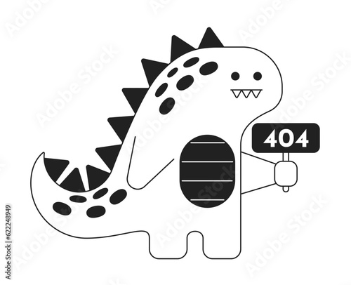 Cute dinosaur holds sign black white error 404 flash message. Monochrome empty state ui design. Page not found popup cartoon image. Vector flat outline illustration concept