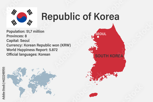 Highly detailed South Korea map with flag, capital and small map of the world
