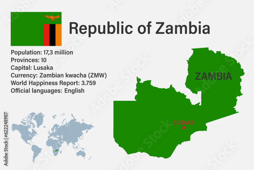 Highly detailed Zambia map with flag, capital and small map of the world