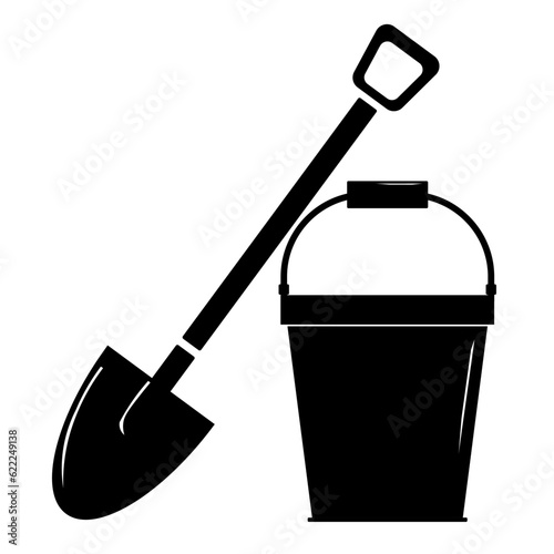 Plastic bucket and shovel icon in modern silhouette style design