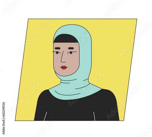 Arab woman wear hijab flat color cartoon avatar icon. Pretty muslim lady. Editable 2D user portrait linear illustration. Isolated vector face profile clipart. Userpic, person head and shoulders