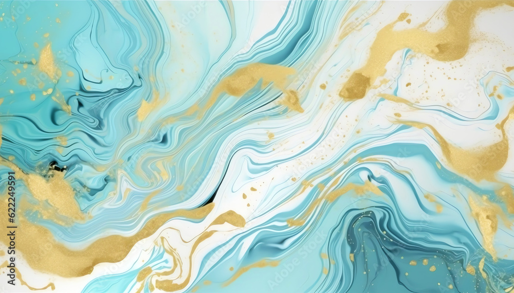 Abstract art liquid marble painting alcohol ink blue and gold wave pattern background, for design and wallpaper