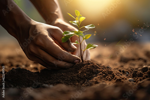 close-up of hands planting tree - AI Generated