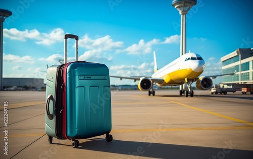 A colorful suitcase with commercial jetliner parked on an airport tarmac. AI